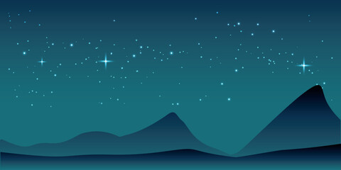 a night landscape with a starry sky. In the foreground, you can see the silhouette of mountain peaks and a wavy horizon. The sky is filled with bright stars, some of which have clearly defined rays.