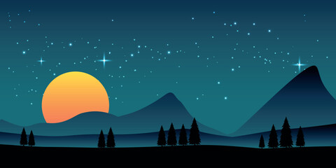 a night landscape with a large orange sun setting or rising behind the mountains. The sky is dark, dotted with stars, and the foreground is dominated by silhouettes of trees and rolling hills.