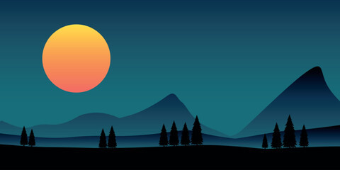 a night landscape with a large orange sun setting or rising behind the mountains. The sky is dark and the foreground is dominated by silhouettes of trees and rolling hills.
