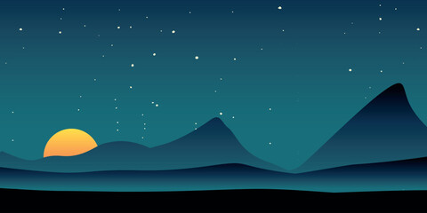 A night landscape with a large orange sun setting or rising behind hills and mountains. The sky is dark and dotted with stars, and the foreground of the landscape is silhouetted by hills.