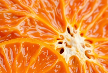 Close-up overhead shot of vibrant orange fruit peel texture, bright, abstract