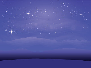 The night sky, dotted with stars, above the silhouette of hills or horizon. The atmosphere is calm and mystical, dominated by dark shades of blue.