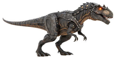 A fearsome black robotic tyrannosaurus rex with metallic armor, isolated on transparent background, stands ready to strike