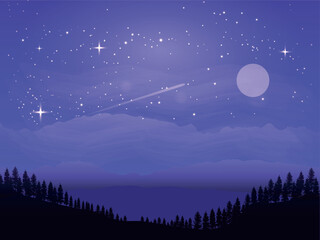A night landscape with a starry sky, a bright moon, numerous stars and a meteor trail. In the lower part, you can see the silhouette of forest trees against the background of hills and light clouds