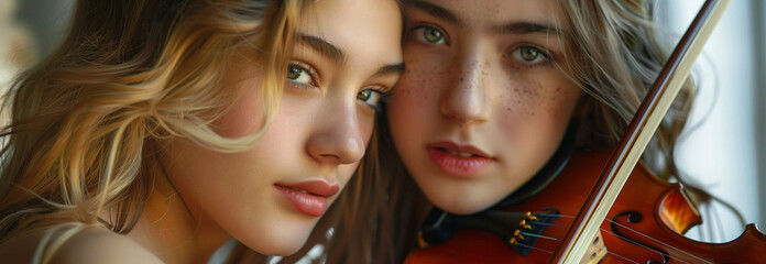 Girl playing the violin with a friend, close-up portrait of two young women enjoying music, sharing their passion, beautiful photo of friendship, talent and expressive gazes, portrait of musical girls