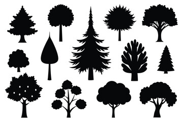 Collection of black silhouette trees various shapes and sizes