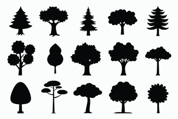 Collection of black silhouette tree icons various shapes