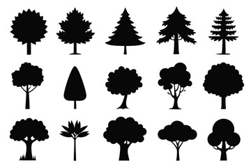 Collection of black silhouette tree icons set