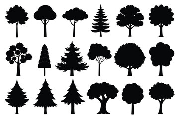 Collection of black silhouettes various tree types