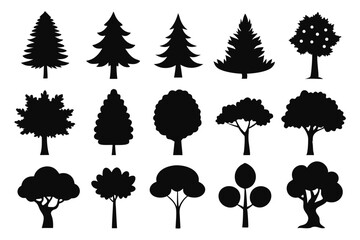 Collection of black silhouette tree icons various shapes and sizes