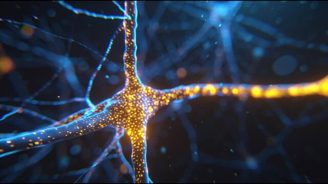 Animated neuron video showing glowing blue and orange neural network connections transmitting signals in an abstract dark background with scientific and technological details.