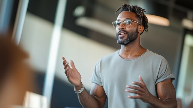 Engaging speaker delivers a presentation in a modern office environment during a corporate meeting