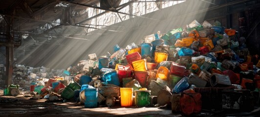 Fototapeta premium The vibrant collection of discarded containers illuminated by rays of sunlight.