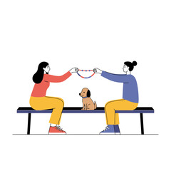  Two Friends of Different Cultures Exchanging Friendship Bracelets on a Bench with Dog – Flat Vector Art on White Background