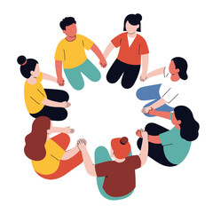  Top View of Diverse Group of Friends Holding Hands in a Circle Symbolizing Unity and Peace – Flat Vector Illustration on White Background
