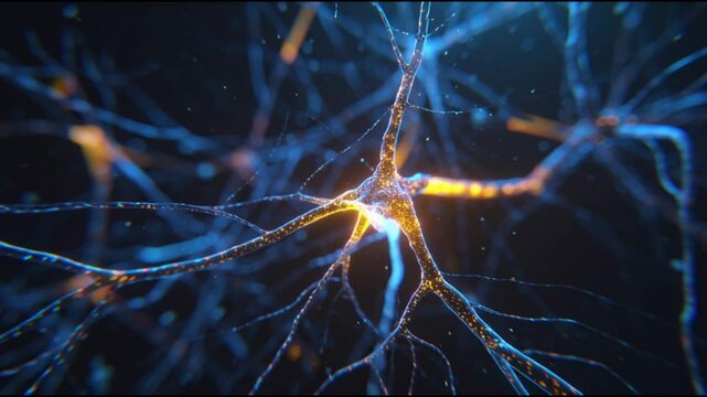 Neuron network video showing glowing blue and orange nerve cells with electric impulses illustrating brain communication and neural connections in a scientific context. - Powered by Adobe
