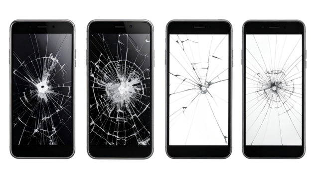  Cracked Mobile Phone Front and Back View Damage, Isolated on Transparent Background PNG