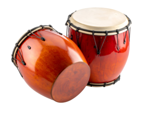 Two vibrant wooden percussion drums showcase their rich texture and musical heritage.