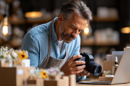 Passionate photographer reviewing images at a workspace surrounded by flowers and natural elements during daytime