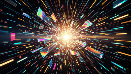 Exploding iridescent glass shards dynamic motion, vibrant energy, abstract burst, futuristic