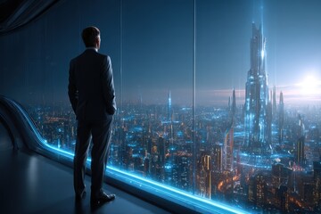 Naklejka na ściany i meble Businessman gazes at futuristic city skyline from high-rise building during twilight