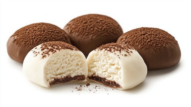 Snackification Concept. Decadent Chocolate Coated Treats with Creamy Filling and Cocoa Dusting on a White Background
