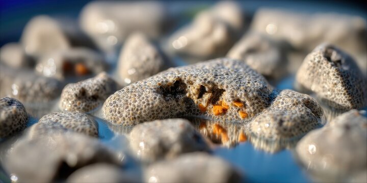 Snackification Concept. Close-Up View of Unique Textured Rock Surrounded by Bubbles on Water Surface