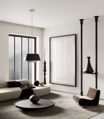 Elegant living room with minimalist japanese wabi sabi style. 3D illustration