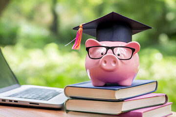 Piggy bank with graduation cap and glasses on stack of books, student loan savings education budget, academic financial literacy, scholarship tuition planning, money saving for college funds

