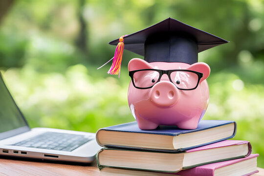 Piggy bank with graduation cap and glasses on stack of books, student loan savings education budget, academic financial literacy, scholarship tuition planning, money saving for college funds

