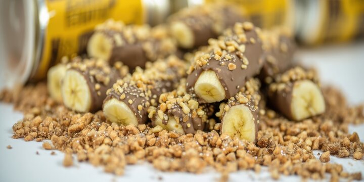 Snackification Concept. Delicious Chocolate Coated Banana Snacks with Crushed Nuts on a White Background