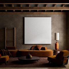 A harmonious blend of modern comfort and Japanese inspired interior elegance. Mock up poster frame. 3D illustration.