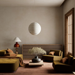 Serene harmony in a minimalist living room. Calm elegance with natural textures. 3D illustration