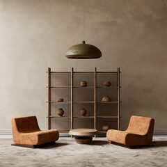 A serene living room styled with earthy tones and minimalist elements. 3D illustration