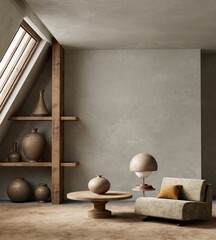 Earthy and textured minimalist living room design. 3D illustration