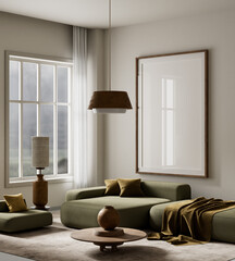 Modern and earthy minimalist living room design. 3D illustration