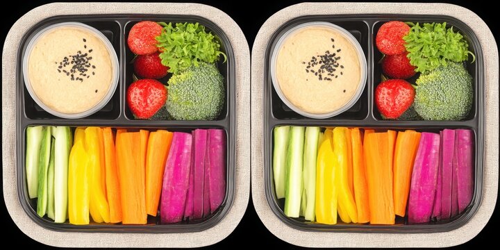 Snackification Concept. Colorful Vegetable and Fruit Platter with Hummus Dip and Fresh Greens on a Wooden Background