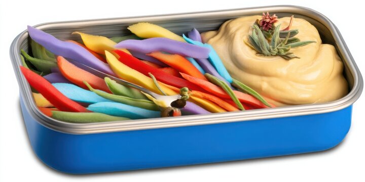 Snackification Concept. Colorful Playful Vegetables in a Container with Creamy Dip Surrounded by Decorative Greens