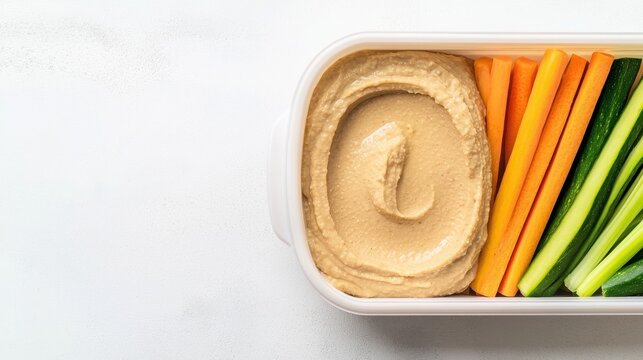 Snackification Concept. Fresh Vegetables with Creamy Hummus in Container on White Background