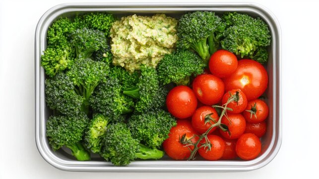 Snackification Concept. Fresh Broccoli and Cherry Tomatoes with Creamy Avocado Dip in a Silver Serving Container