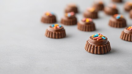 Snackification Concept. Delicious Chocolate Treats with Colorful Sprinkles on a Light Gray Surface for Sweet Moments