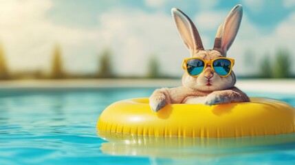 Cute bunny in sunglasses relaxing on a yellow float in a swimming pool.