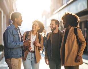 Four friends walking and laughing