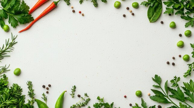 Snackification Concept. Fresh Herbs and Spices on White Surface with Green Peas and Red Chili for Culinary Use