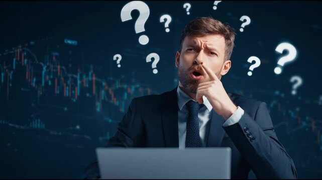 thoughtful man in business suit working on laptop with question marks above, surrounded by financial graphs in dark office environment, displaying concern and stress