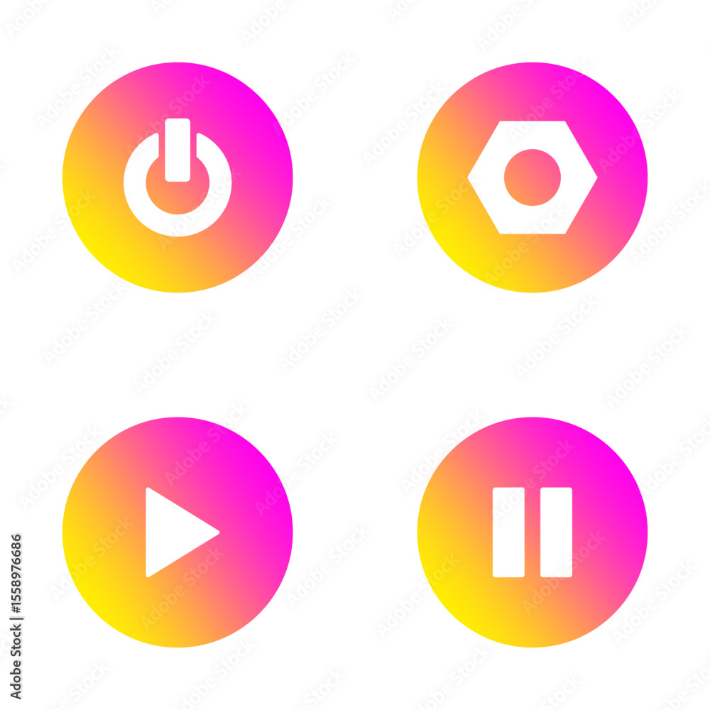 Poster vector set of power, settings, play and pause button icons on transparent background