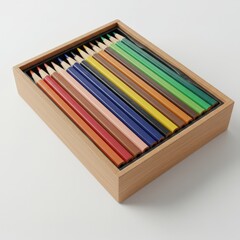 Fototapeta premium Neatly arranged multicolor pencils in a wooden storage box, perfect for drawing, sketching, or creative art projects on white background.