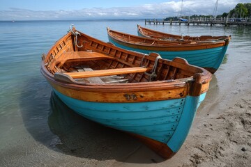 Fototapeta premium Serene wooden boats resting on a sandy shore by the calm lake in the early morning light