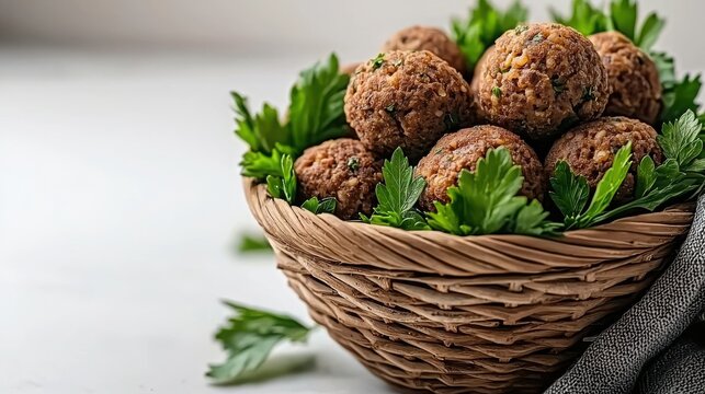 Snackification Concept. Freshly Made Falafel Balls Surrounded by Green Parsley in a Woven Basket Arrangement