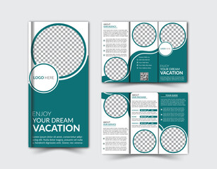 Trifold brochure template for travel company in Deep Green colors